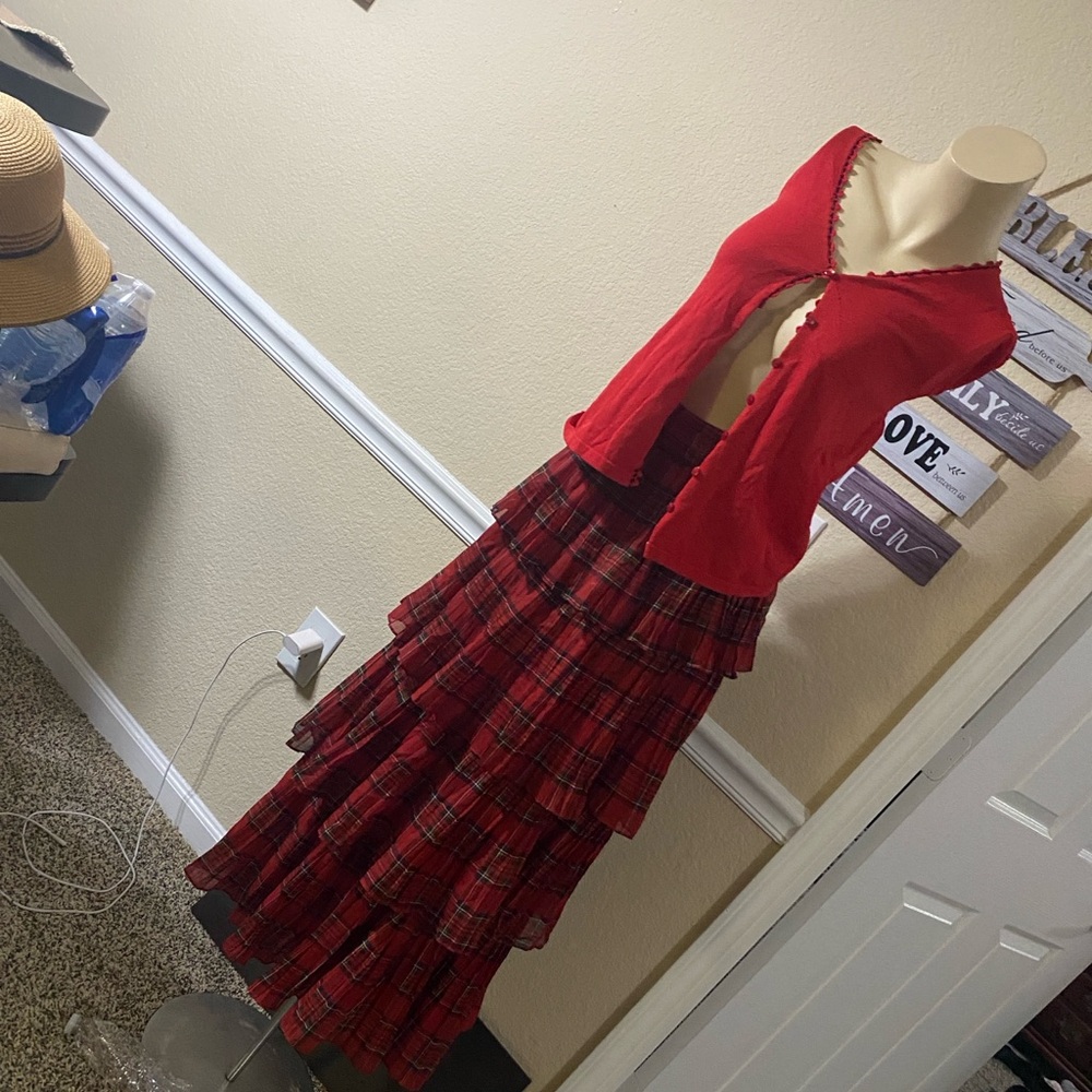 ANTONIO MELANI Red Tiered Plaid Maxi Skirt with Red Cardigan